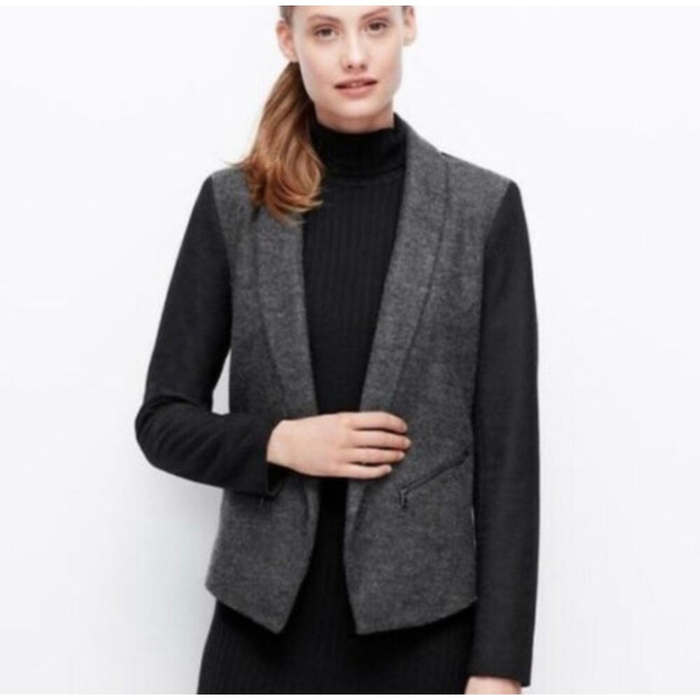 Ann Taylor Wool Blend Tuxedo Style Open Front Colorblock Blazer Sz 10 Gray Black - Picture 10 of 10